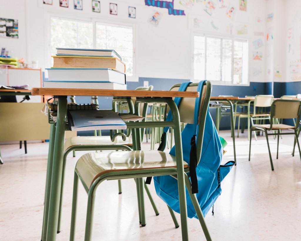 school classroom with books backpack