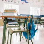 school classroom with books backpack