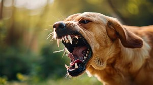 aggressive dog shows dangerous teeth pet dog attack head detail little blur panning move vicious dog