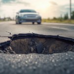 closeup perspective road pothole highlighting impact vehicle wheels damaged asphalt surface