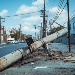 fallen utility pole with power lines down blocking traffic