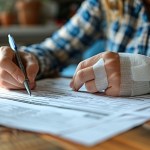 man with broken arm sling carefully filling out health insurance claim form desk