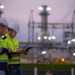 professional engineers using digital tablet petrochemical refinery oil gas power plant twilight concept energy industry petroleum infrastructure industrial teamwork