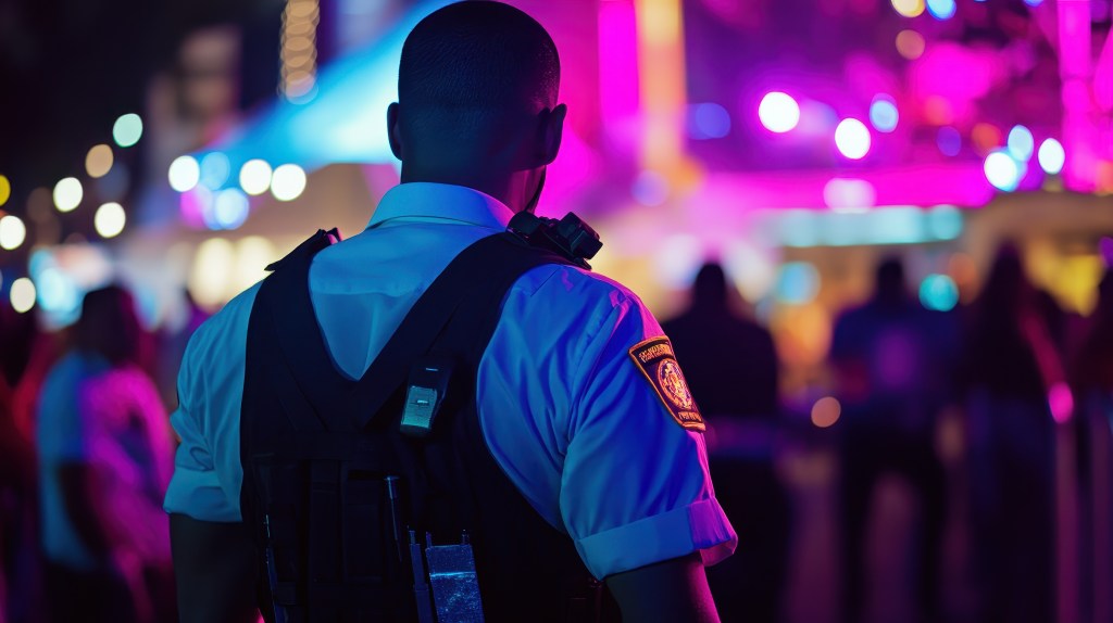 security officer observes vibrant event scene filled with colorful lights crowds