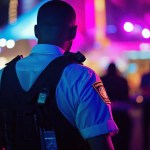 security officer observes vibrant event scene filled with colorful lights crowds