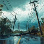 storm aftermath with downed power lines debris deserted rural road